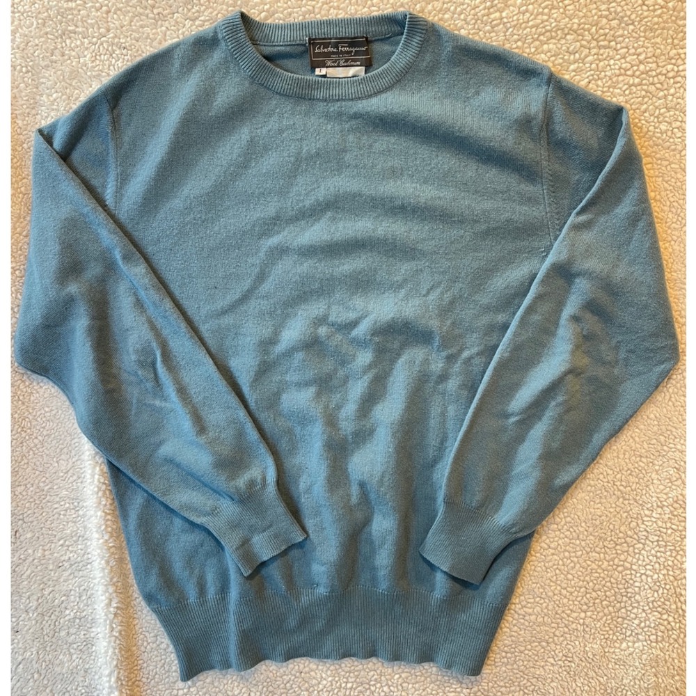 Salvatore Ferragamo Mens Wool Cashmere Crewneck Sweater Blue Made in Italy L
